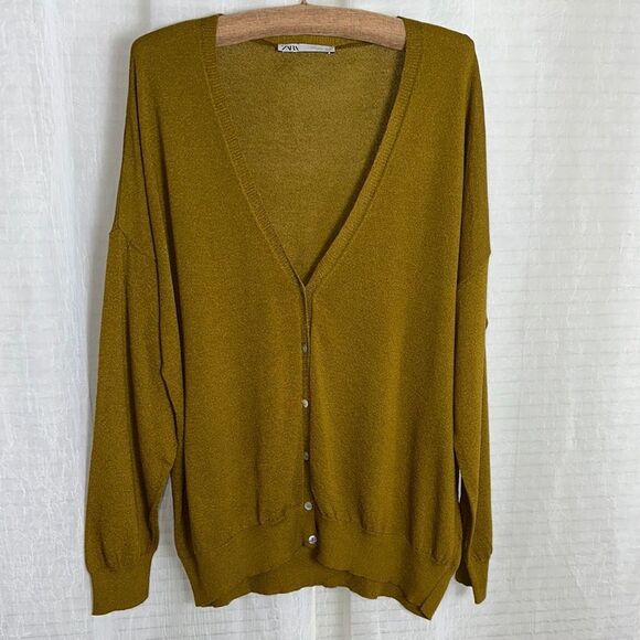 ZARA L Slouchy Oversized Lightweight Army Moth Camo Green Button Front Cardigan - Picture 1 of 8